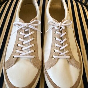 Vionic Women's White and Gold Slip-On Sneakers with Tan Suede Trim